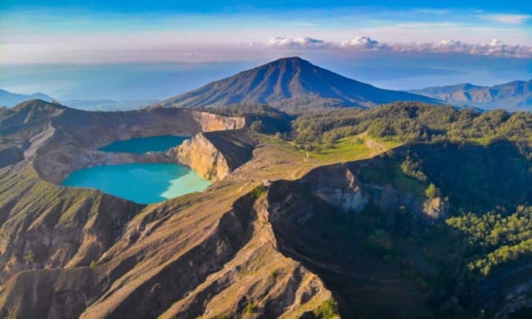 Crater lake landscape illustrating the geology of impact and volcanic lakes