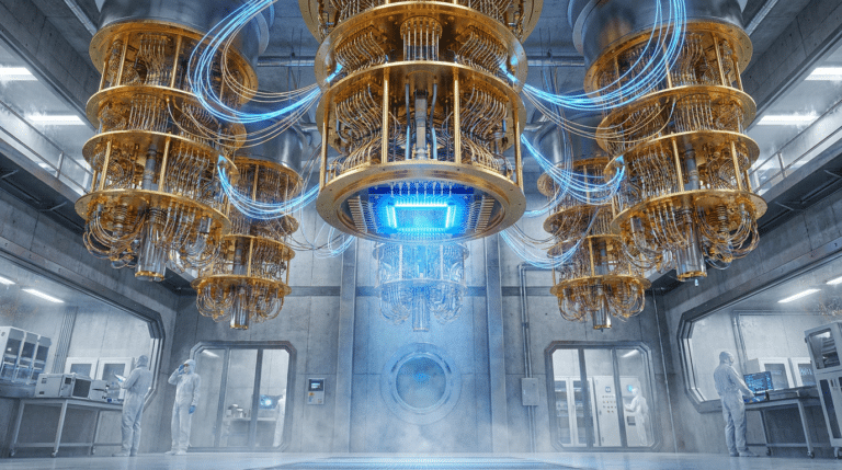Quantum computing concept with qubits and data