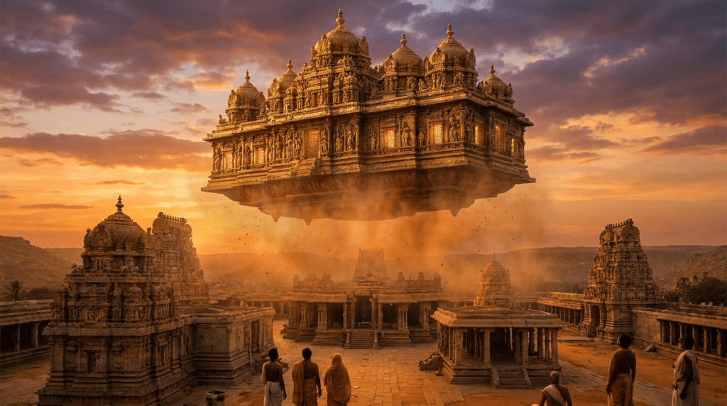 Artistic depiction of a vimana and the mystery of ancient Indian flying machines